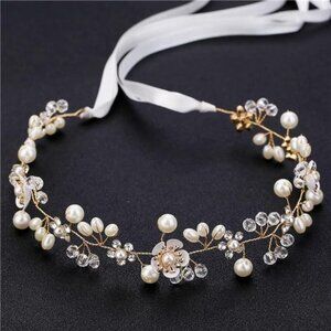 Bridal Pearl Flower Headband Gold Wedding Hair Accessory Flower Girl Women